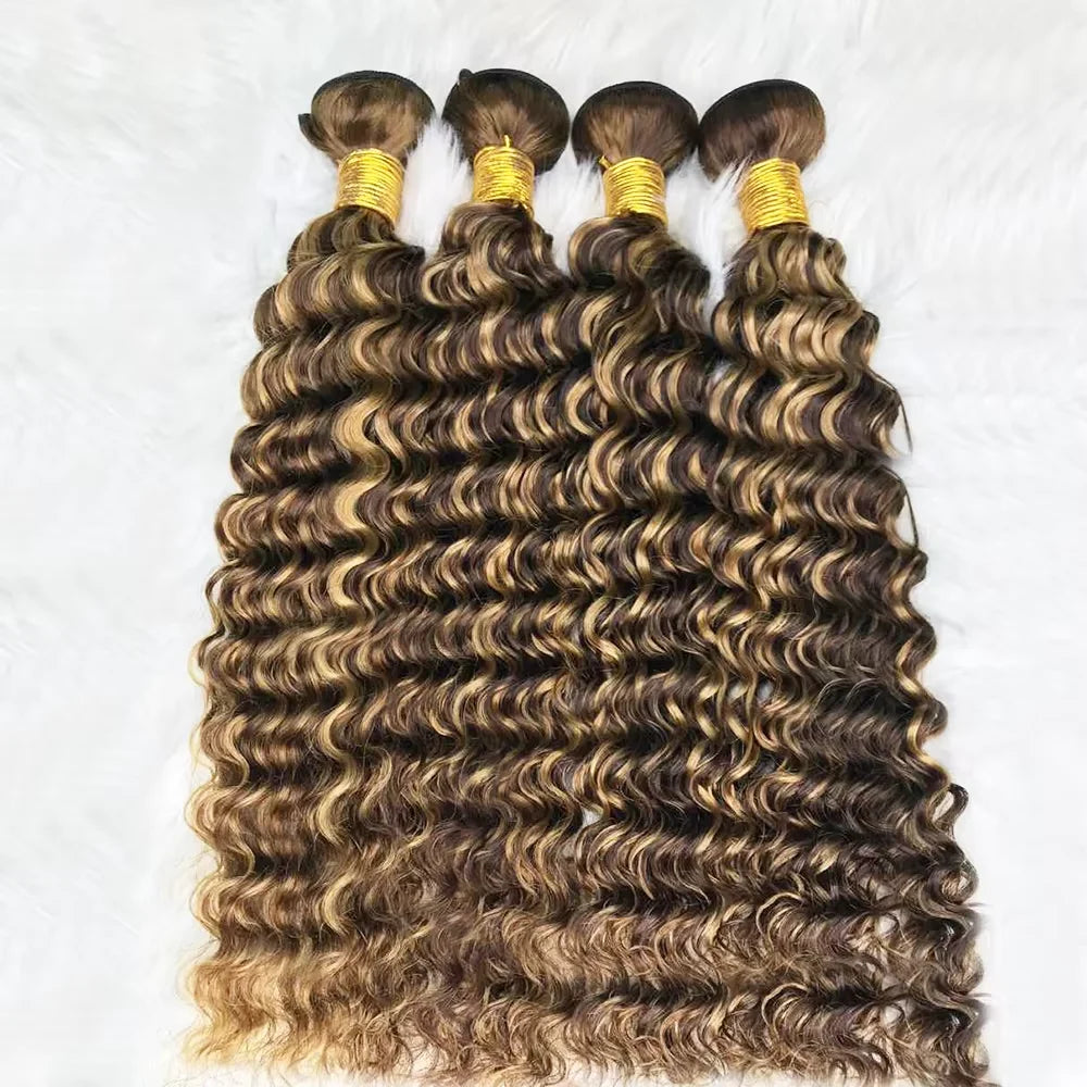 Highlight Deep Water Curly Bundles Human Hair Color #427 Ombre Brown Deep Wave Human Hair Bundles For Extensions Remy Hair Weave