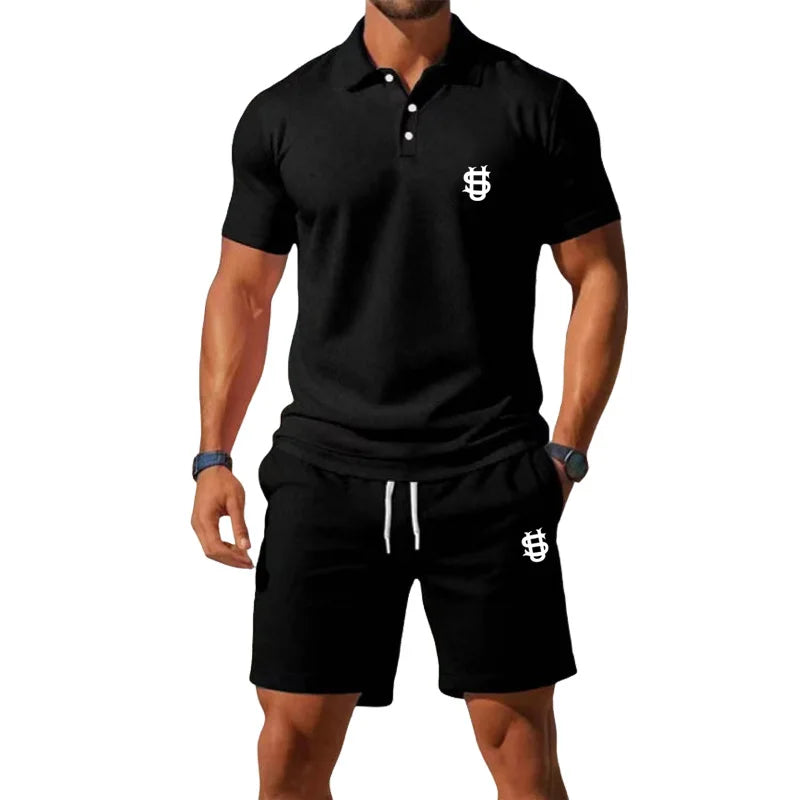 Men's summer sports outfit T-shirt top - two-piece set, including shorts, with a slim fit design and a gentleman's style