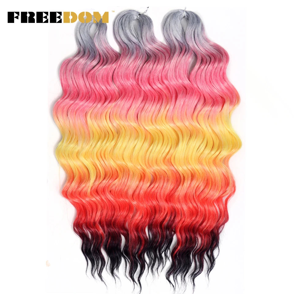 FREEDOM Synthetic Curly Braiding Hair Extensions 24 Inch/60 cm Long Deep Wavy Twist Crochet Braids Hair Ombre Brown Rainbow Hair