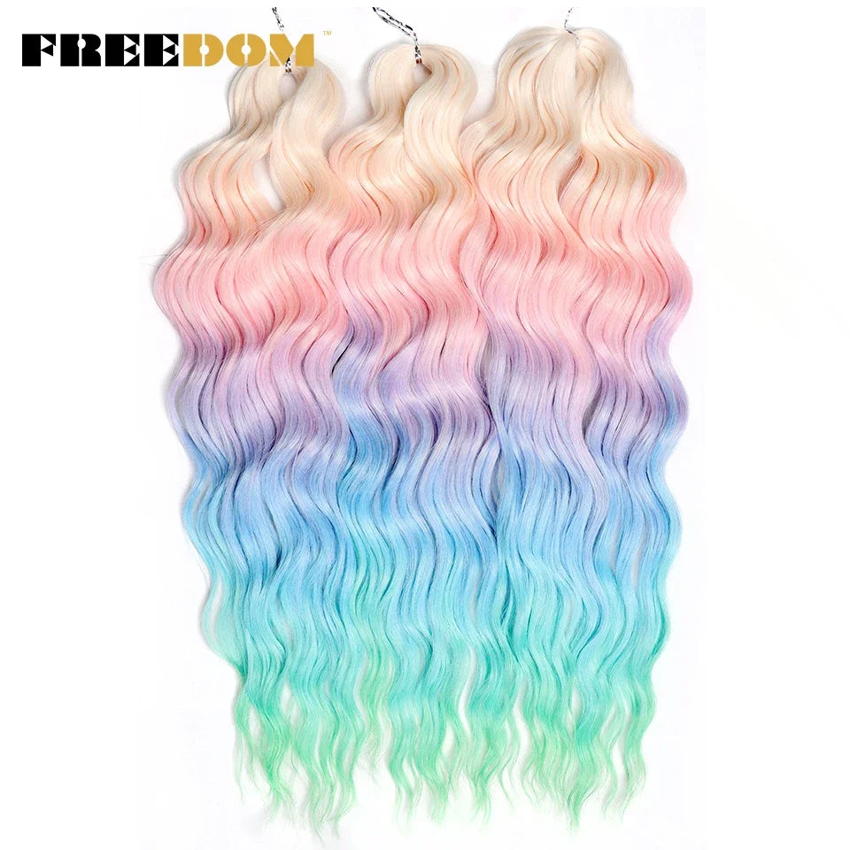 FREEDOM Synthetic Curly Braiding Hair Extensions 24 Inch/60 cm Long Deep Wavy Twist Crochet Braids Hair Ombre Brown Rainbow Hair