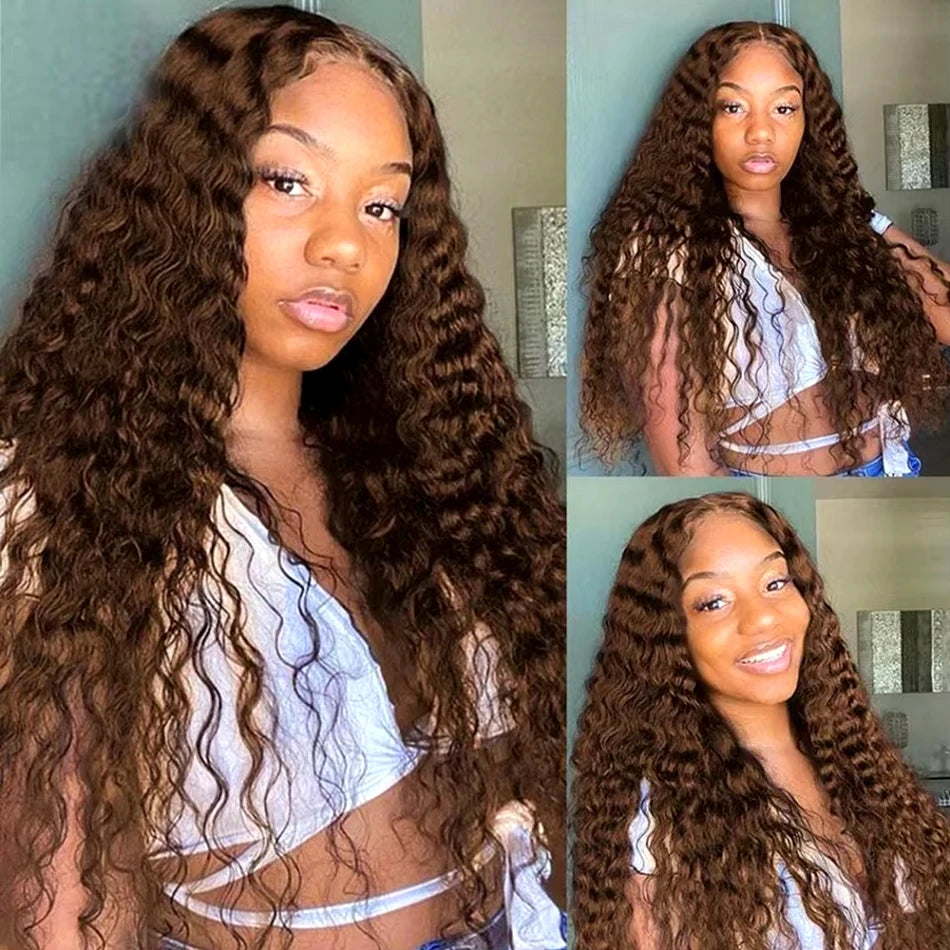 34 Inch Deep Wavy Lace Front Wig in Chocolate Brown Featuring 200 Density And 13X6 HD Lace. This Curly Human Hair Wig Is Ideal for Women And Comes with Pre-Added Natural Hair Threads in Shade 4 Brown