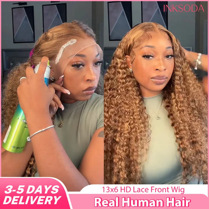 Honey Blonde Deep Wave Wigs Human Hair 13x6 HD Transparent Lace Frontal Wig 220% Density 27 Colored Curly Wigs For Women 36 Inch