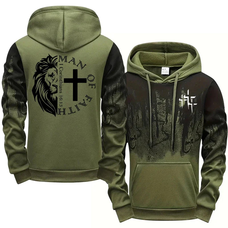 Man of Faith Pattern Men's Set Hooded Sweatshirt and Black Sweatpants Fall Winter Daily Casual Sports Jogger Suit Hoodie Outfits