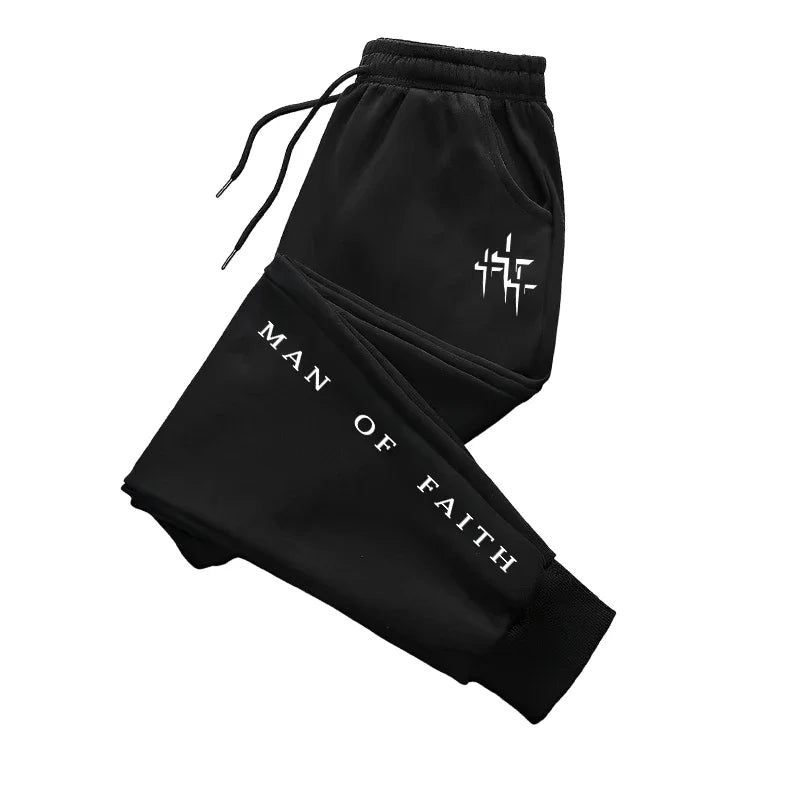 Man of Faith Pattern Men's Set Hooded Sweatshirt and Black Sweatpants Fall Winter Daily Casual Sports Jogger Suit Hoodie Outfits