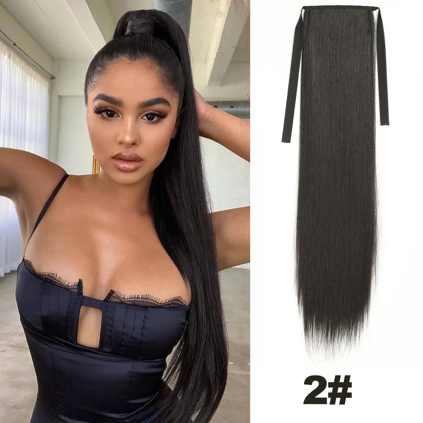 Straight Long Ponytail Extensions 22inch Natural Black Wrap Around Synthetic Hair Piece Pony Tail Hair Hairpieces for Women Girl