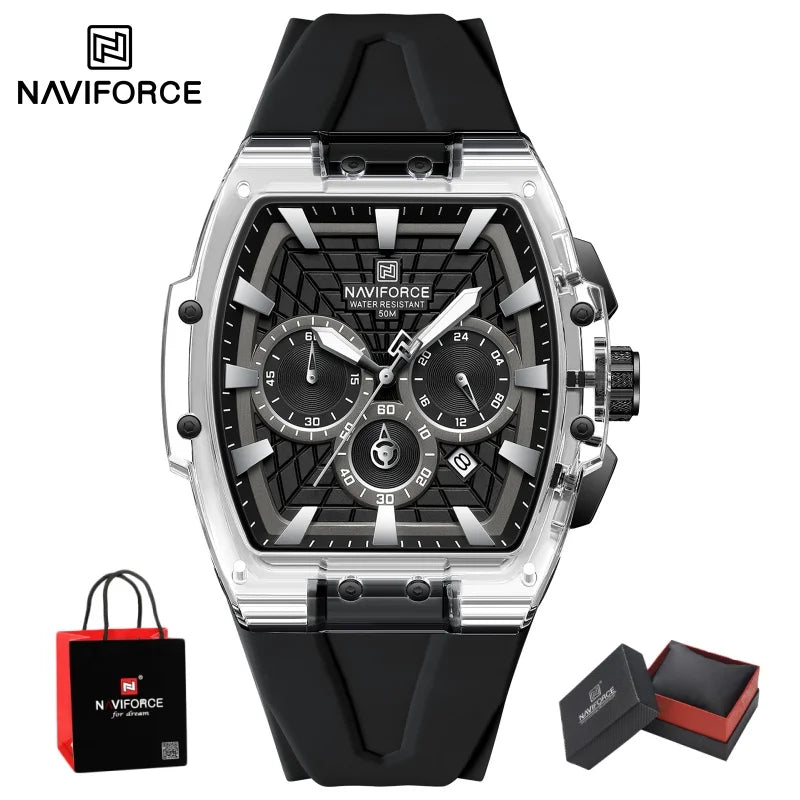 NAVIFORCE Mens Sport Watches 5ATM Waterproof Chronograph Tonneau Silicone Strap Luminous Casual Quartz Male Wristwatch Gifts box