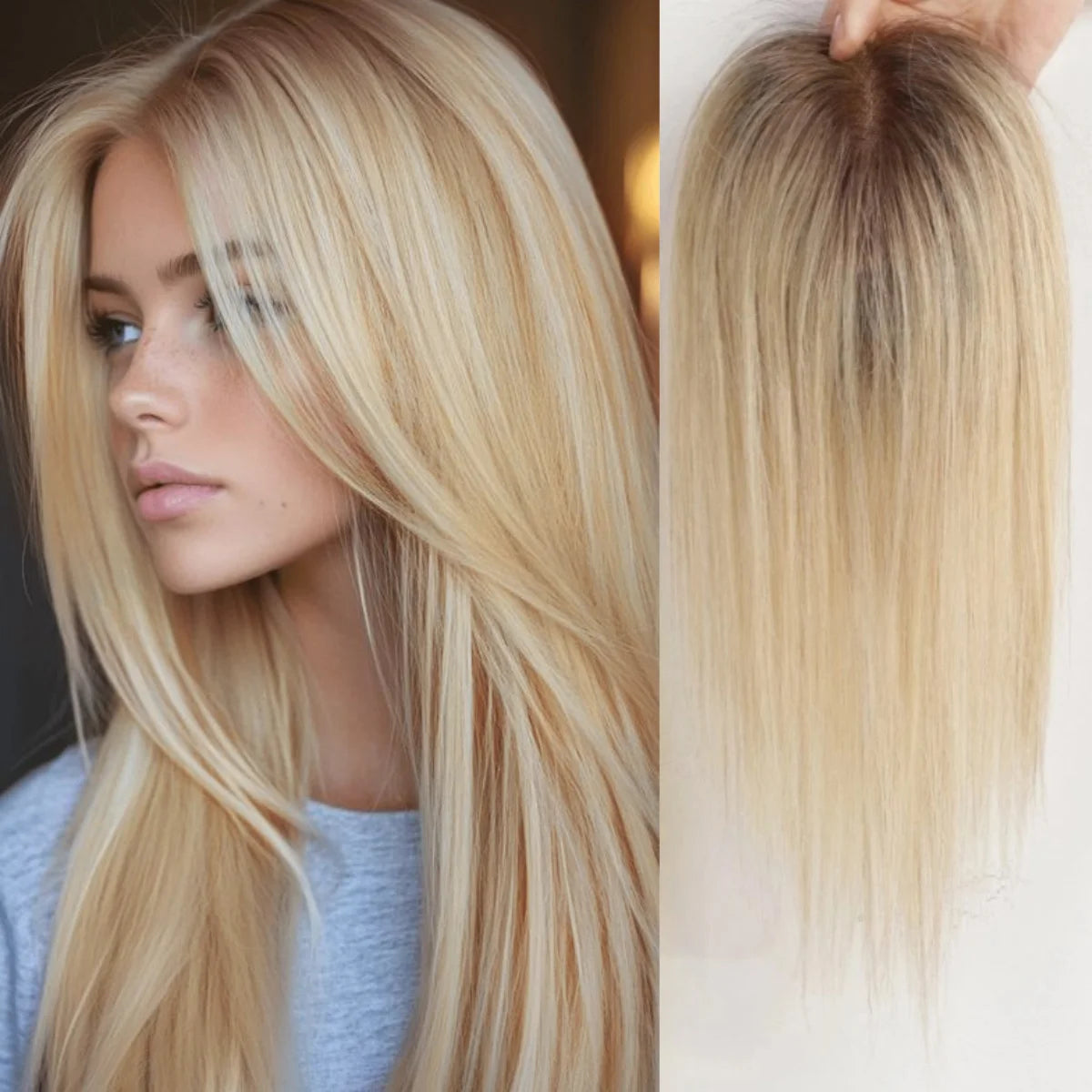 12 Inch Light Brown Ombre Middle Part Lace Front Topper 100% Remy Human Hair Topper Hair Pieces with Clips Extensions for Women