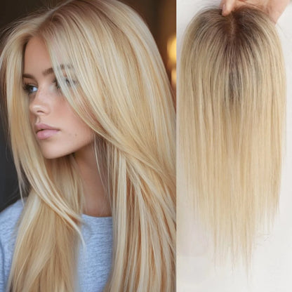 12 Inch Light Brown Ombre Middle Part Lace Front Topper 100% Remy Human Hair Topper Hair Pieces with Clips Extensions for Women