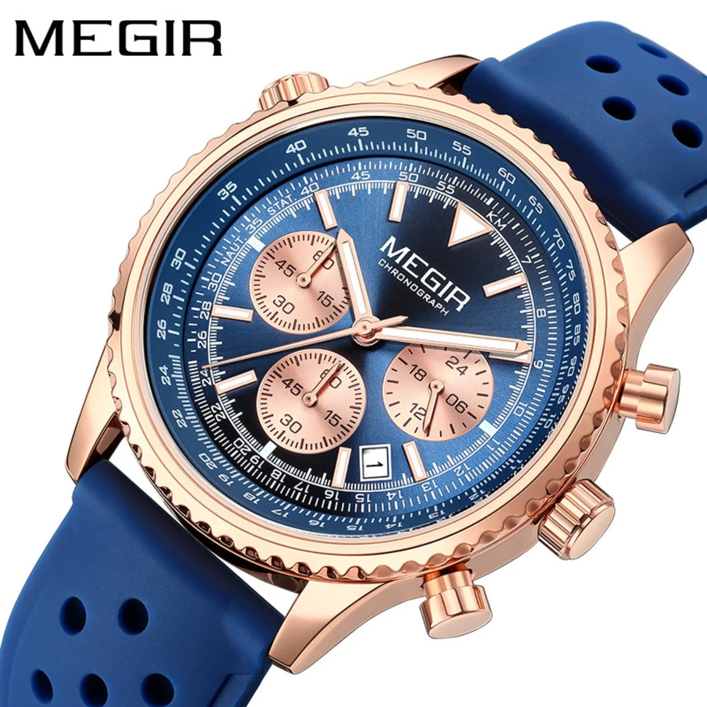 MEGIR Silver Black Quartz Watch Men Military Sport Chronograph Wristwatch with Silicone Strap Luminous Hands Auto Date 2236