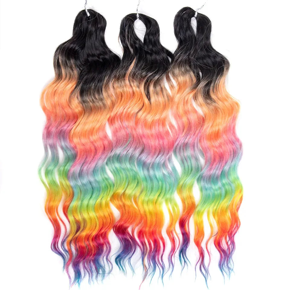 FREEDOM Synthetic Curly Braiding Hair Extensions 24 Inch/60 cm Long Deep Wavy Twist Crochet Braids Hair Ombre Brown Rainbow Hair
