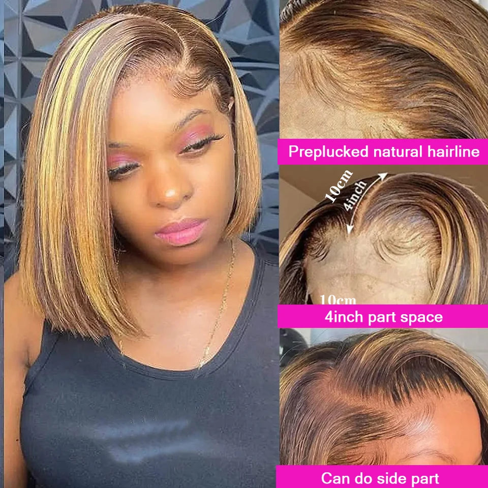 Highlight Dark Brown Blonde Straight Bob Wig 200 Density Virgin Human Hair 13x4 Lace Front Wigs HD Lace Wigs For Black Women