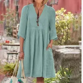 Cotton And Linen Dress For Women 2024 Autumn 3/4 Sleeve Casual Loose Solid Color V-neck Midi Dresses Elegant Women's Clothing
