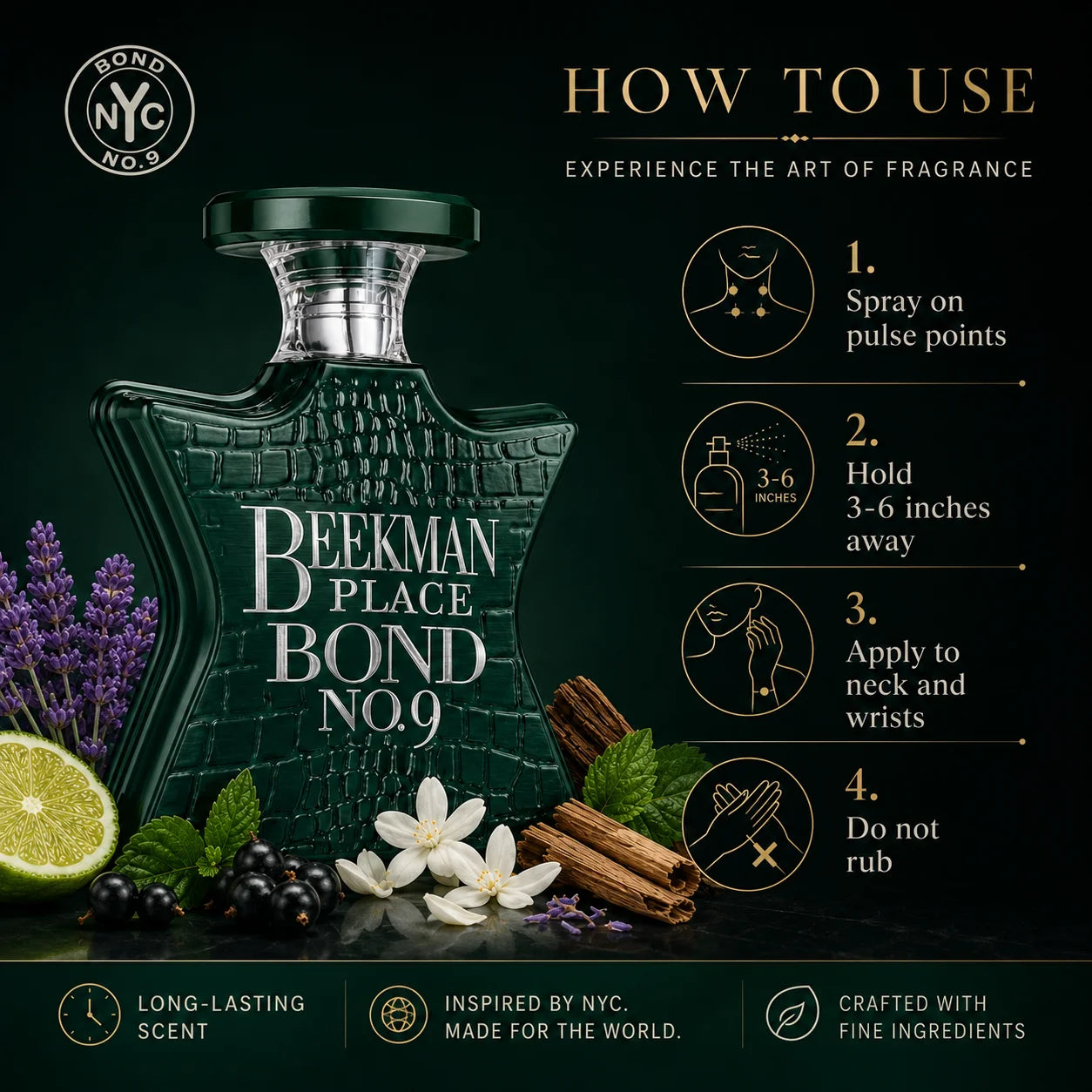 Bond No.9 Beekman Place Eau De Parfum 100ml for Men Long Lasting Luxury Niche Perfume Spray Fresh Citrus Lavender Blackcurrant Jasmine Woody Amber Musk Daily Wear Travel Gift