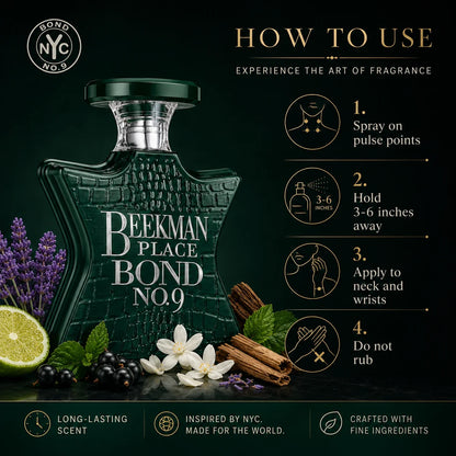 Bond No.9 Beekman Place Eau De Parfum 100ml for Men Long Lasting Luxury Niche Perfume Spray Fresh Citrus Lavender Blackcurrant Jasmine Woody Amber Musk Daily Wear Travel Gift