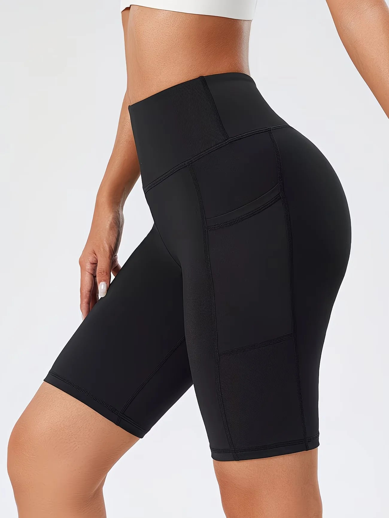 Summer High Waist Sports Shorts With Side Pockets Running Yoga Capris Trousers Fashion Sports Fitness Pants Elastic Leggings