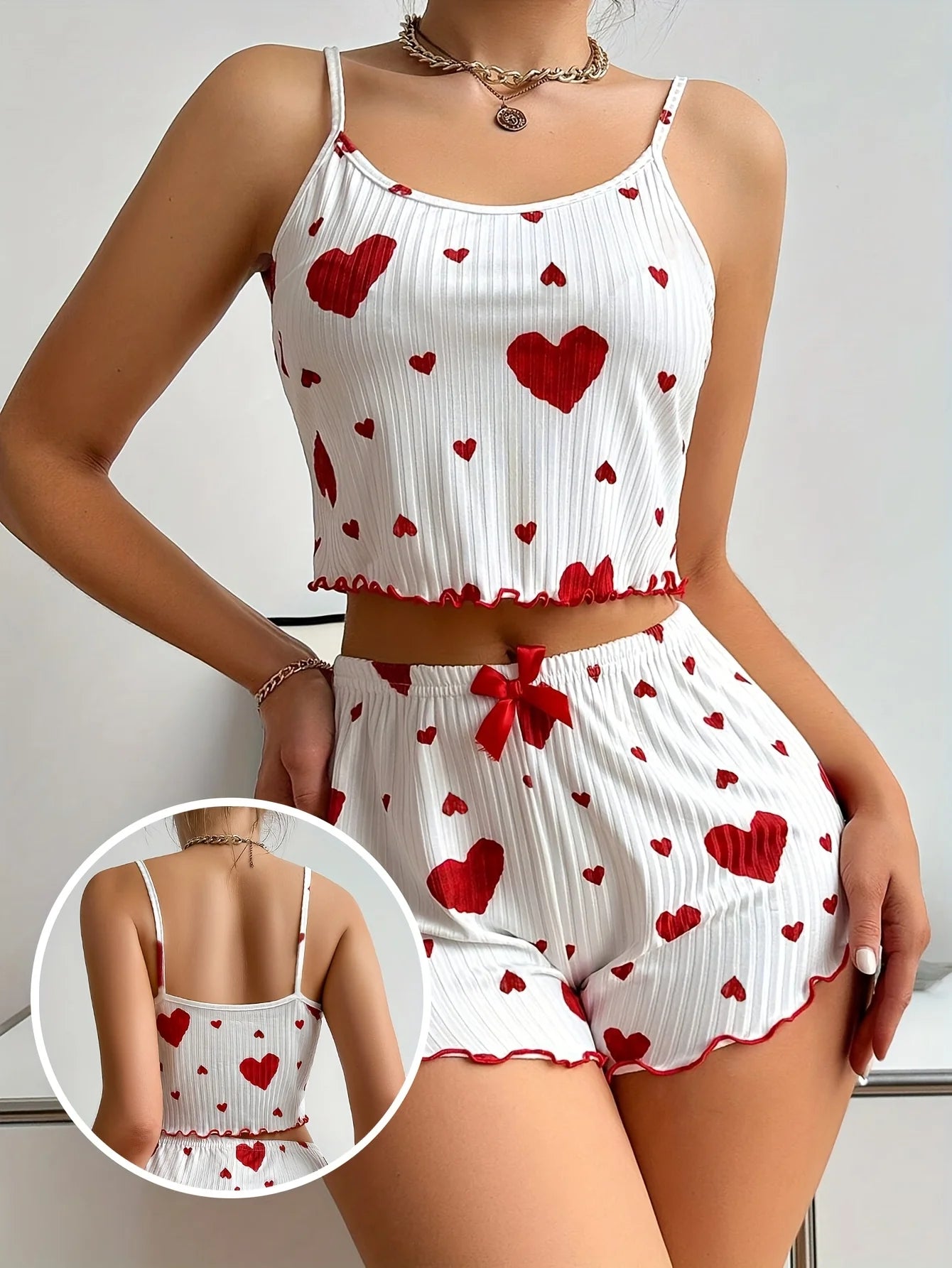 Women 2 Pieces Pajama Set Shorts Homewear Heart Print Underwear Pijamas Sexy Lingerie Camisoles Tanks Sleepwear