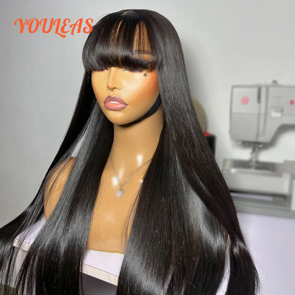 Bone Straight With Bangs 100% Human Hair Wig 360 Precut Transparent Lace Front Hair Wig Virgin Hair For Woman For Clearance