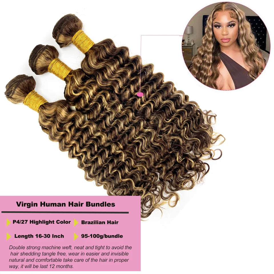 Highlight Deep Water Curly Bundles Human Hair Color #427 Ombre Brown Deep Wave Human Hair Bundles For Extensions Remy Hair Weave