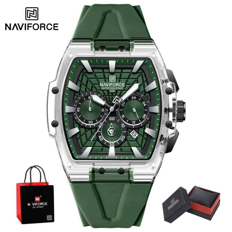 NAVIFORCE Mens Sport Watches 5ATM Waterproof Chronograph Tonneau Silicone Strap Luminous Casual Quartz Male Wristwatch Gifts box