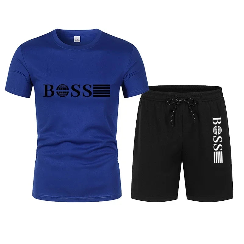 Summer new men's mesh two-piece running T-shirt and short casual elastic round-neck sports suit, comfortable and quick-drying