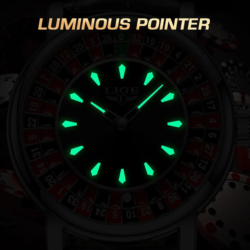 Lige Men's watches Featured Waterproof luminous quartz wristwatch Dial Las Vegas Roulette Table Desk Theme mens watch Reloj+BOX