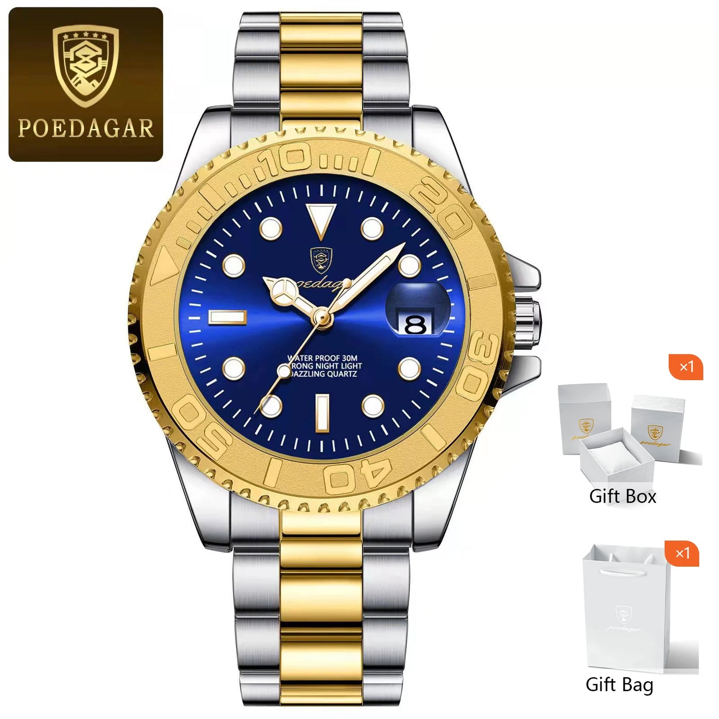 POEDAGAR Trendy Sport Man Watch Luminous Waterproof Stainless Steel Date Men Wristwatch Luxury Business Men's Quartz Watches+Box
