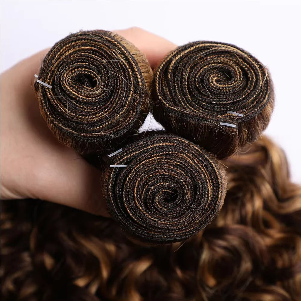 Highlight Deep Water Curly Bundles Human Hair Color #427 Ombre Brown Deep Wave Human Hair Bundles For Extensions Remy Hair Weave