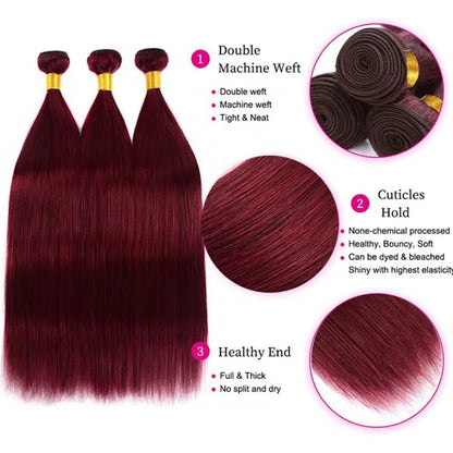 Color Burgundy  #99J Bundles Human Hair Straight Bundles Brazilian Virgin Hair Wine Red Straight 3 Bundles Human Hair Extensions