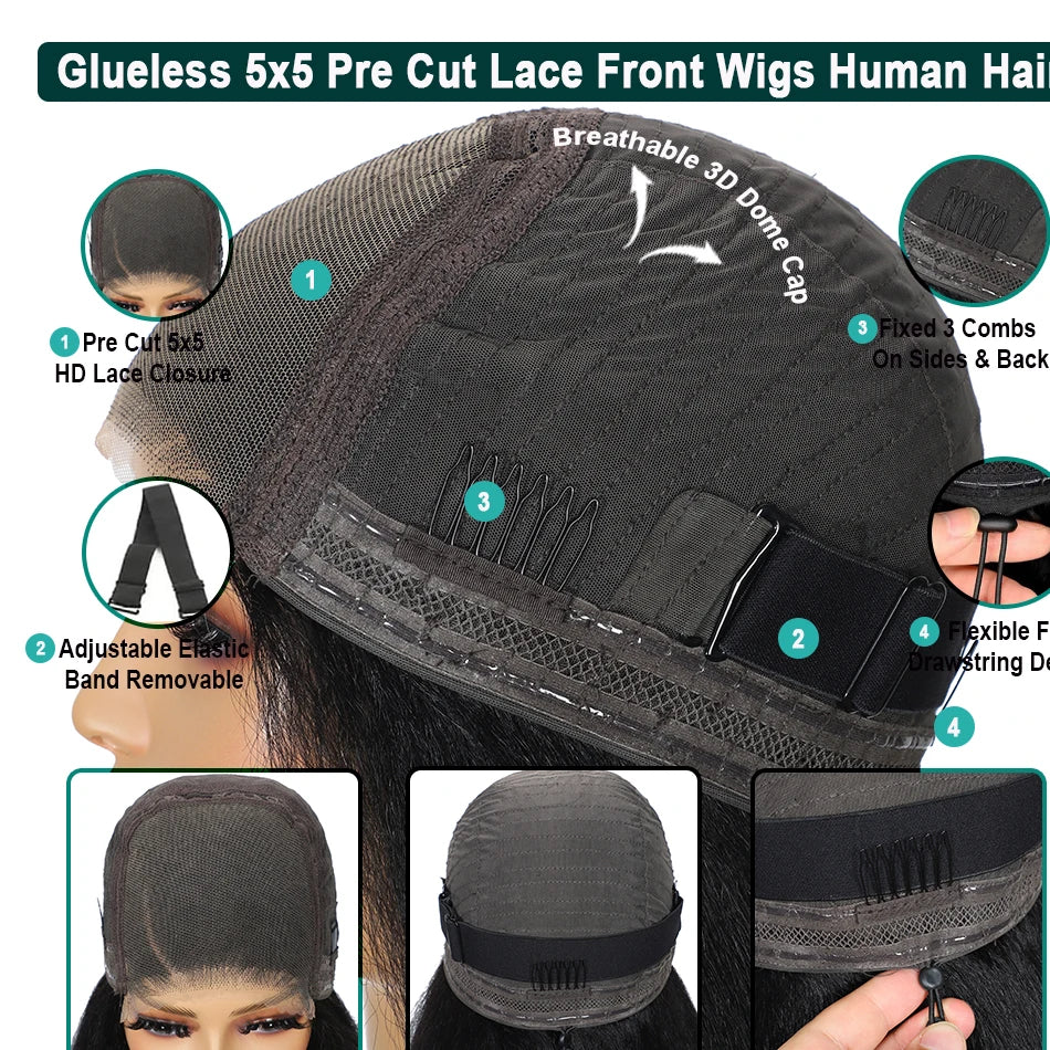 100% Human Hair Kinky Straight 5X5 HD Lace Closure Wigs PrePlucked 200% Density Yaki Straight 13x6 HD Glueless Lace Front Wigs