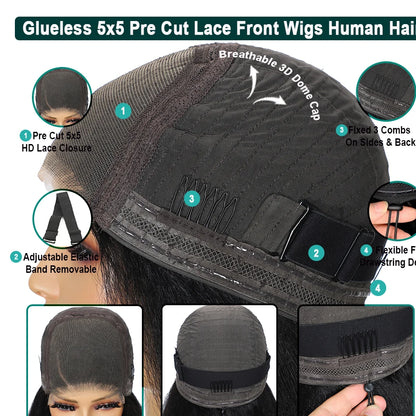 100% Human Hair Kinky Straight 5X5 HD Lace Closure Wigs PrePlucked 200% Density Yaki Straight 13x6 HD Glueless Lace Front Wigs