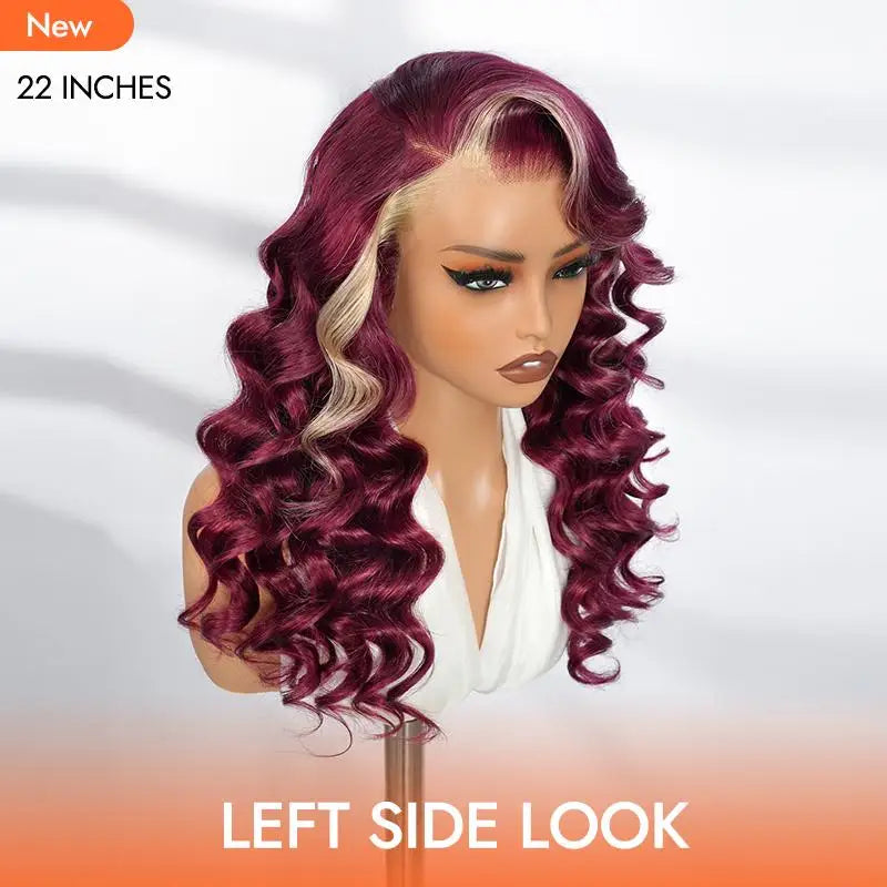 Alipearl Hair Side Part 13x4 Burgundy 99J Wig with Blonde Ombre Human Hair Lace Frontal Wig Ocean Wave Glueless Wig Pluck