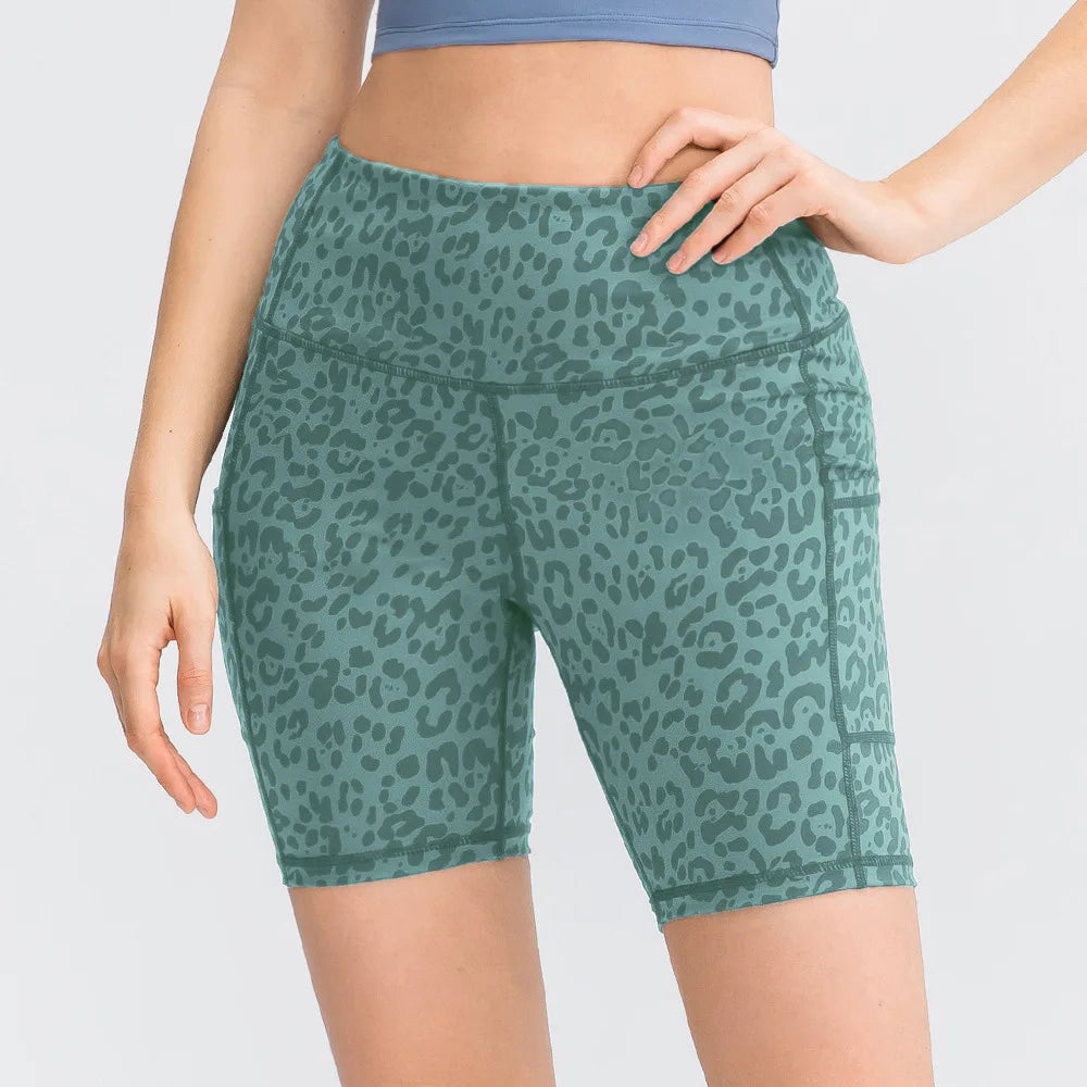 Women's printed nude yoga shorts with pockets skin-friendly tight stretch quick-drying sports fitness hiking running shorts