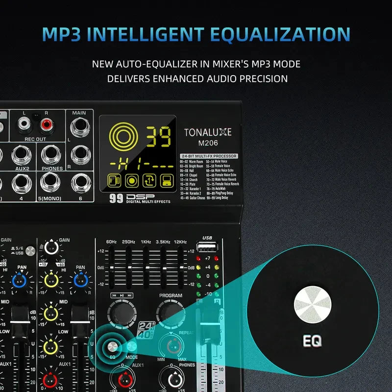 Fuluode M206/M208 Audio mixer 99 Preset DSP Effects 7-Band EQ Adjustment on Main Output Bluetooth USB MONO Input Connectivity