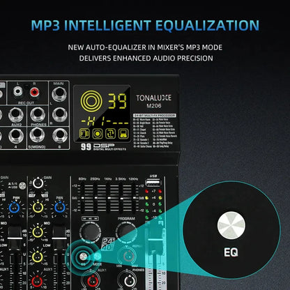 Fuluode M206/M208 Audio mixer 99 Preset DSP Effects 7-Band EQ Adjustment on Main Output Bluetooth USB MONO Input Connectivity