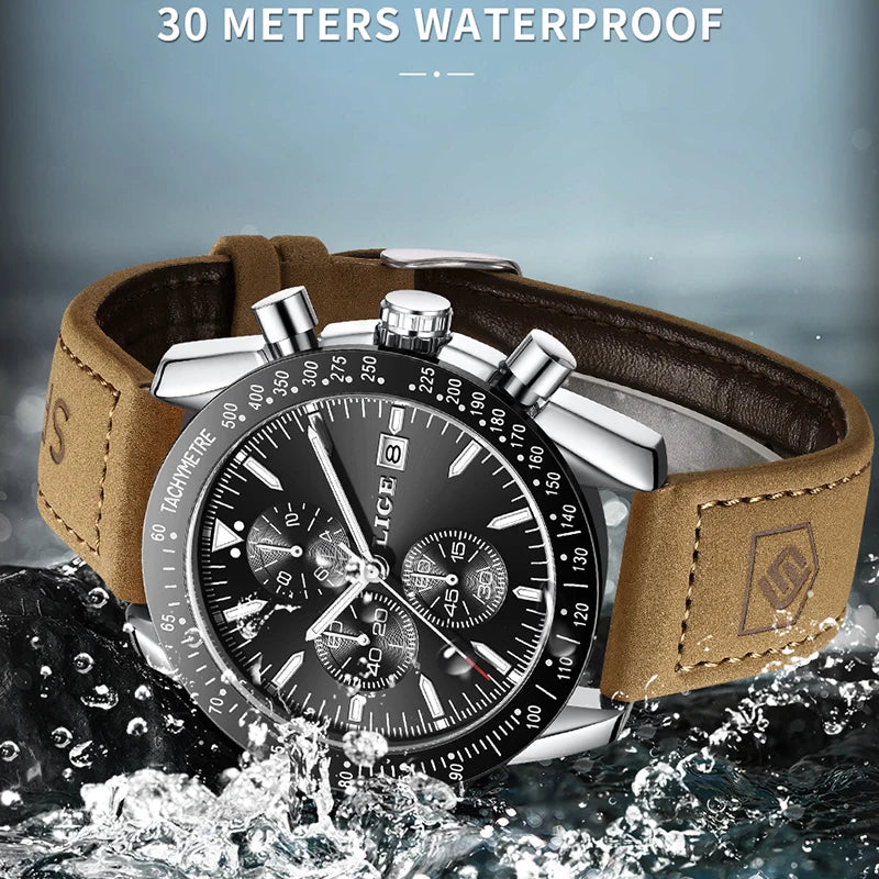 LIGE Retro Fashion Outdoor Quartz Man Watch Military Classic Clocks Casual Sports Leather Belt Waterproof Auto Date Watches Male