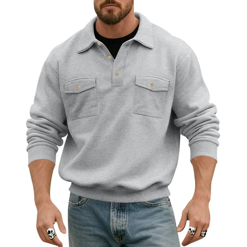 Men's 2026 European Size Heavyweight Sweatshirt, American Spring Autumn, Double Pocket Cargo Moto Style, Casual Turn-Down Collar