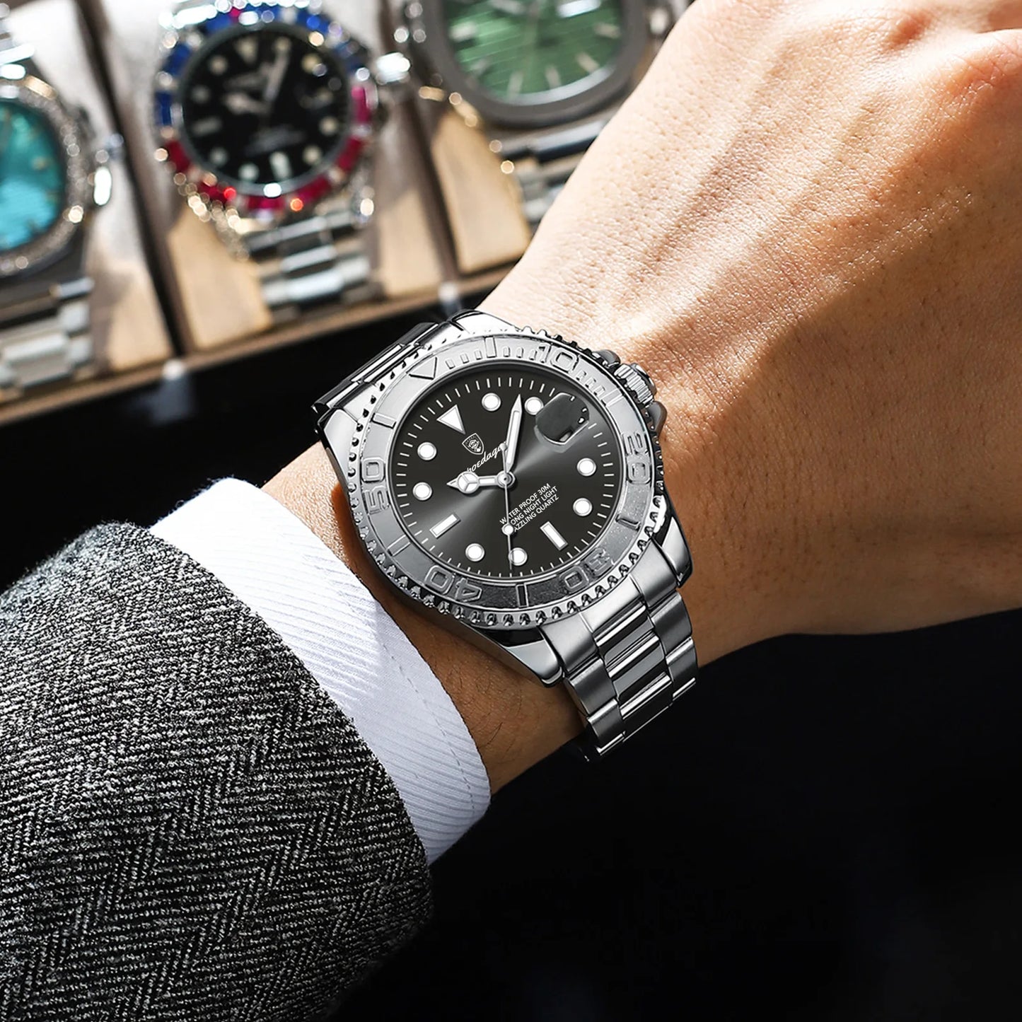 POEDAGAR Trendy Sport Man Watch Luminous Waterproof Stainless Steel Date Men Wristwatch Luxury Business Men's Quartz Watches+Box