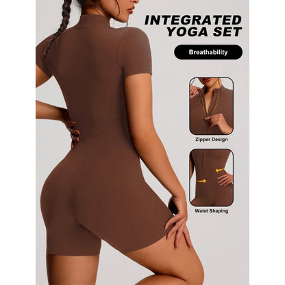 developed 1pc Solid Color Women's Sport Zip-up Stand-up Collar Casual Bodysuit Jumpsuit, Short Sleeves, Zipper Design