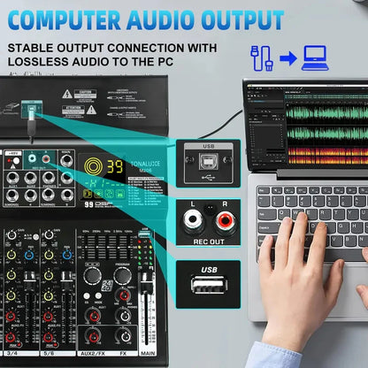 Fuluode M206/M208 Audio mixer 99 Preset DSP Effects 7-Band EQ Adjustment on Main Output Bluetooth USB MONO Input Connectivity