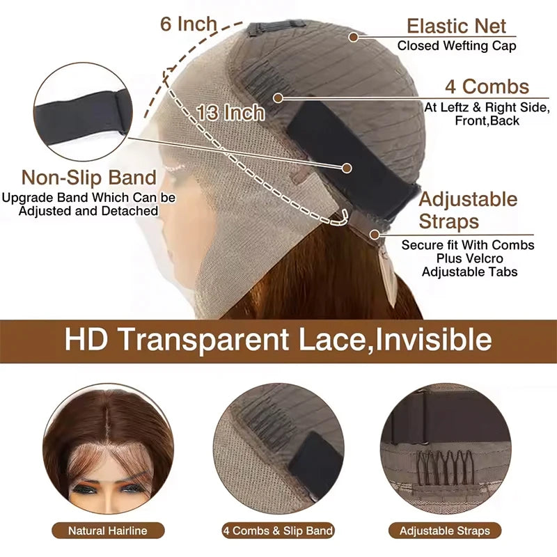 220% Density 34 Inch Chocolate Brown Bone Straight Lace Front Human Hair Wig Straight Wig 13x6 Transparent HD Lace Frontal Wigs
