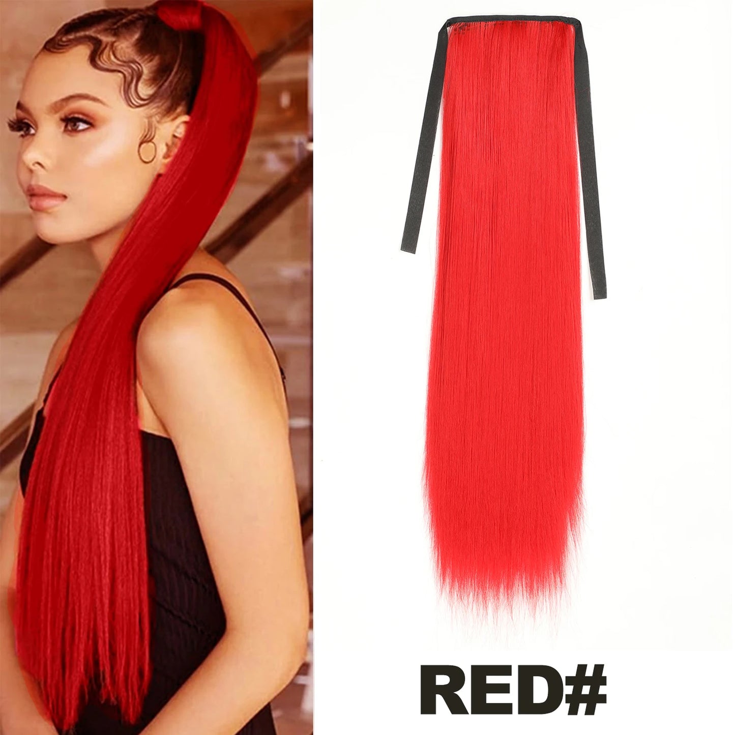 Straight Long Ponytail Extensions 22inch Natural Black Wrap Around Synthetic Hair Piece Pony Tail Hair Hairpieces for Women Girl