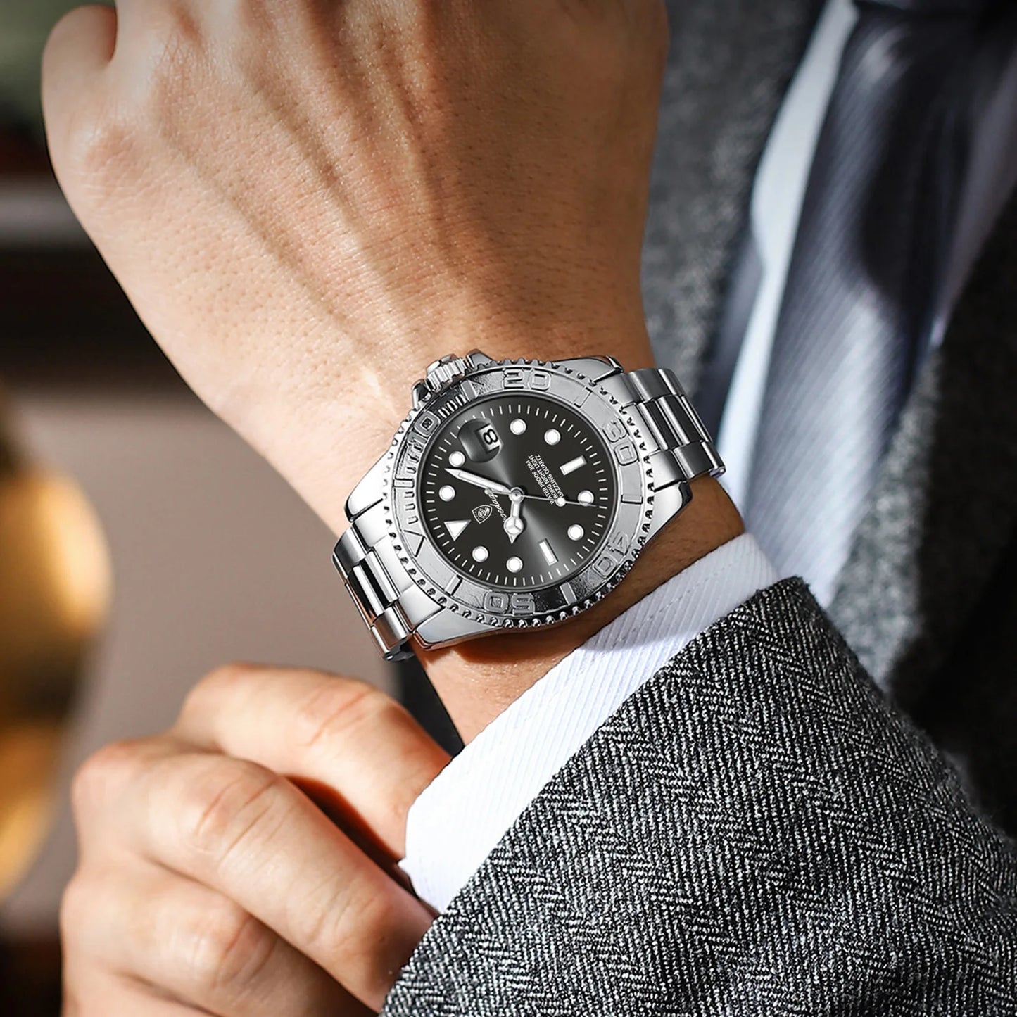 POEDAGAR Trendy Sport Man Watch Luminous Waterproof Stainless Steel Date Men Wristwatch Luxury Business Men's Quartz Watches+Box