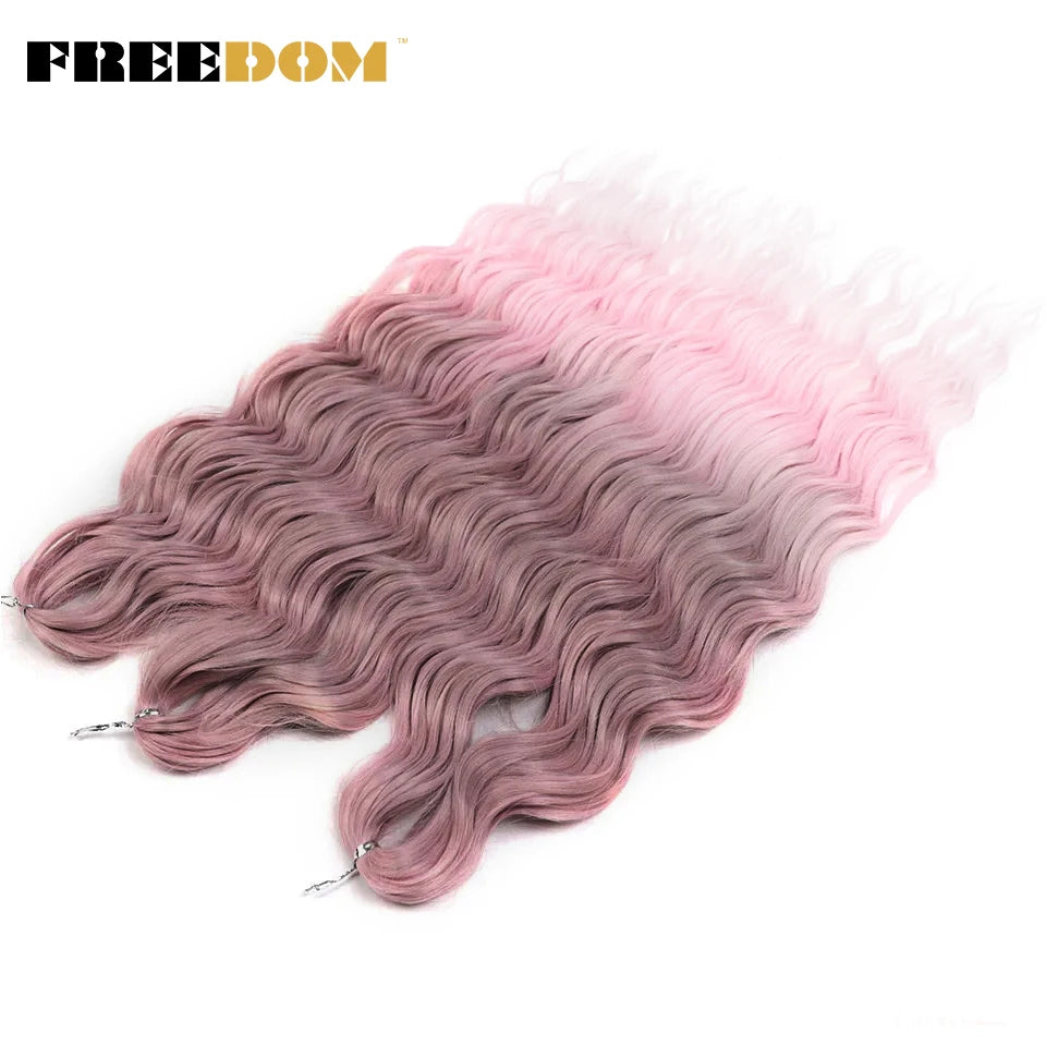 FREEDOM Synthetic Curly Braiding Hair Extensions 24 Inch/60 cm Long Deep Wavy Twist Crochet Braids Hair Ombre Brown Rainbow Hair