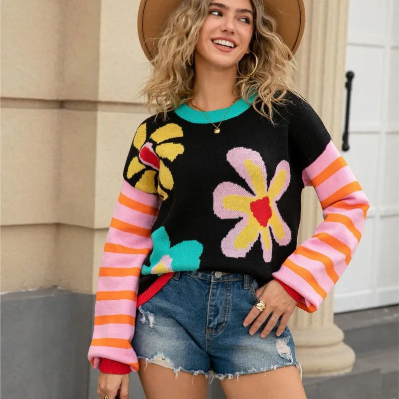 Winter Daily Commuting Women's Knitted Sweater Fashionable Flower Pattern Round Neck Long Sleeve Loose Sweater Casual Cute Top