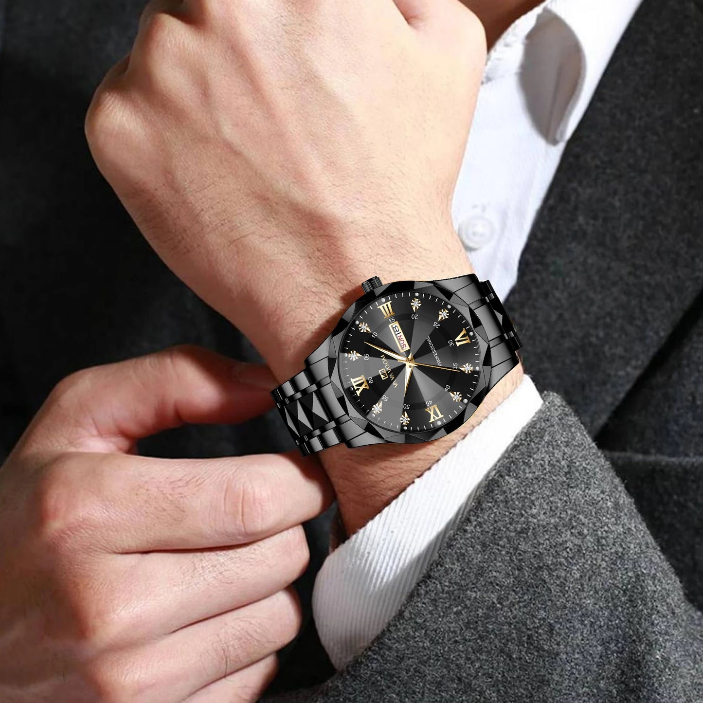 VA VA VOOM Hot Selling Original Blue Gold Quartz Watch Men Fashion High Quality Japanese Movement Gold Stainless Steel Fashion Clock Sports Gift Watch Men Rhombus Design Business Quartz Watch Men Fashion Gold Clock Sports Gift Watch for Men