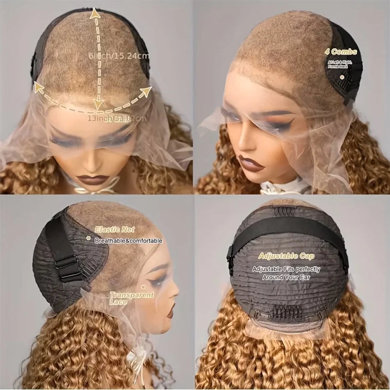 Honey Blonde Deep Wave Wigs Human Hair 13x6 HD Transparent Lace Frontal Wig 220% Density 27 Colored Curly Wigs For Women 36 Inch