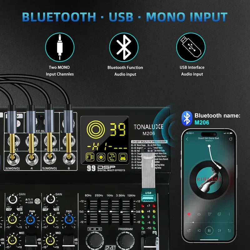 Fuluode M206/M208 Audio mixer 99 Preset DSP Effects 7-Band EQ Adjustment on Main Output Bluetooth USB MONO Input Connectivity