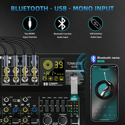 Fuluode M206/M208 Audio mixer 99 Preset DSP Effects 7-Band EQ Adjustment on Main Output Bluetooth USB MONO Input Connectivity