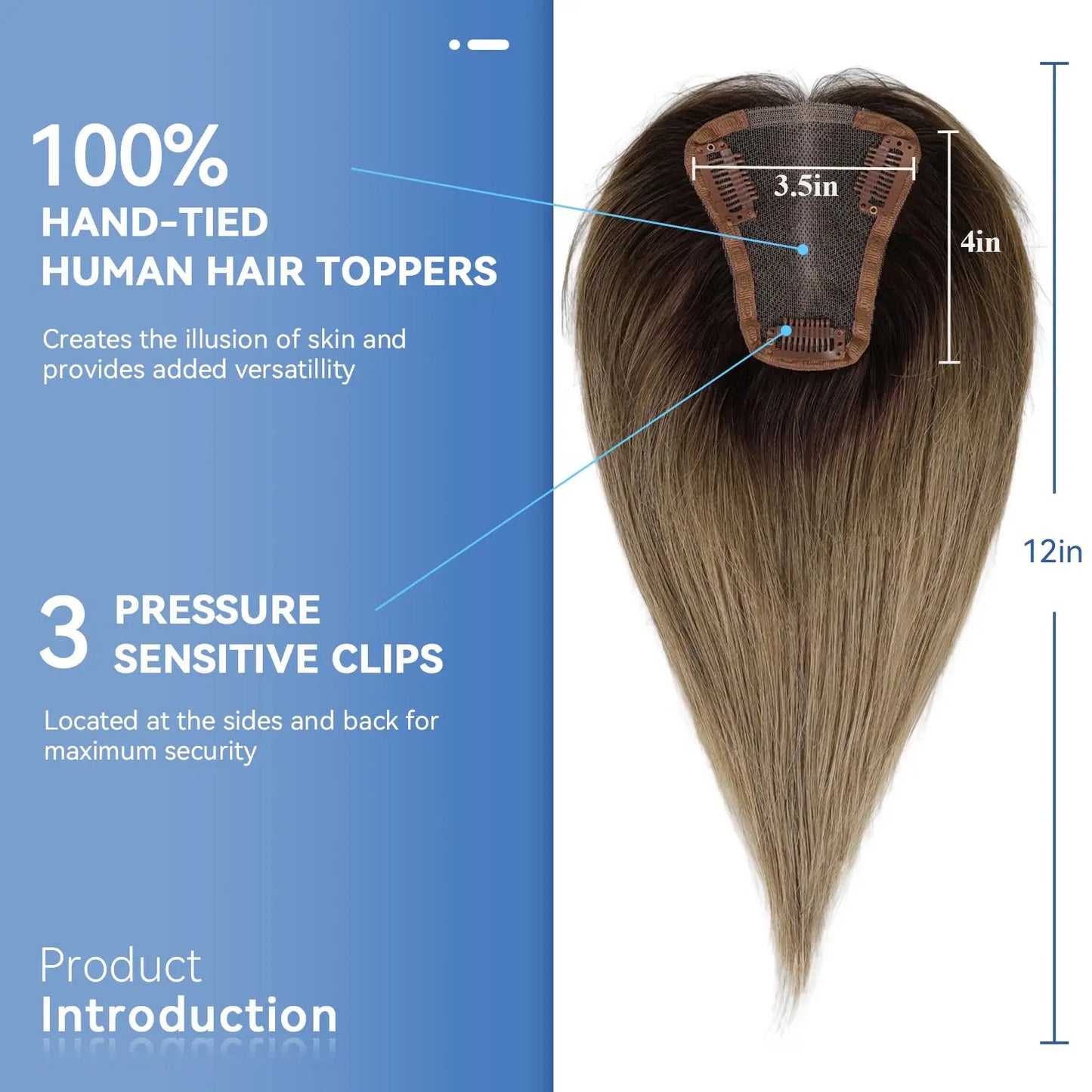 12 Inch Light Brown Ombre Middle Part Lace Front Topper 100% Remy Human Hair Topper Hair Pieces with Clips Extensions for Women
