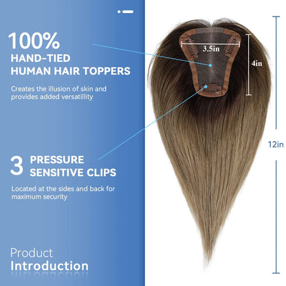 12 Inch Light Brown Ombre Middle Part Lace Front Topper 100% Remy Human Hair Topper Hair Pieces with Clips Extensions for Women